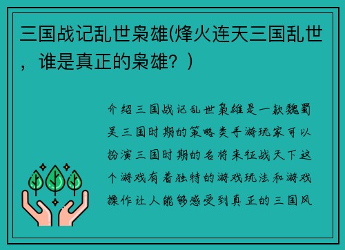 三国战记乱世枭雄(烽火连天三国乱世，谁是真正的枭雄？)